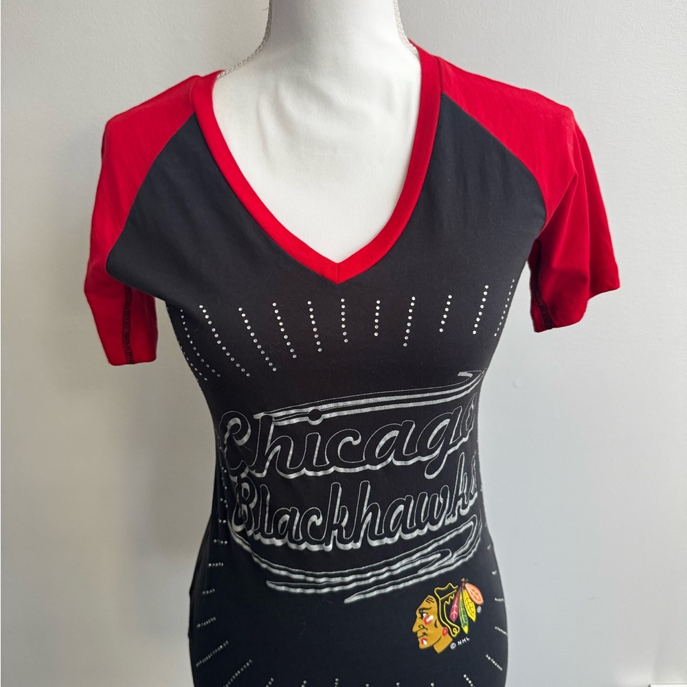 NHL Women's Red and Black V-Neck Tee